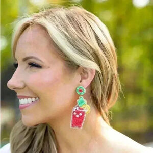Chic Soul Let's Grab A Drink Earrings, Red Seed Beads Beaded (3.0x1.5in)